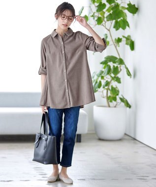 Tiaclasse L 【洗える】コーデュロイシャツチュニックブラウス モカ