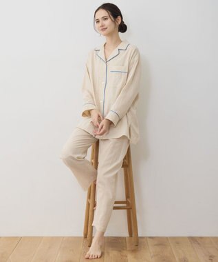 自由区 【WEB限定】オーガニックコットンパジャマ イエローストライプ×ブルー