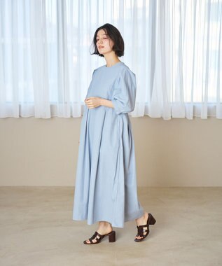 #Newans 【撥水加工/洗濯機可能】〈小柄さんにお勧め〉パフスリーブフレアワンピース ブルーグレー