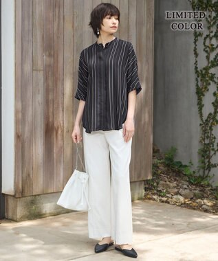 ICB L 【人気のため新色追加・接触冷感・UVケア・速乾・洗える】BackSatinAmunzen 5分袖バンドカラーブラウス チャコールストライプ柄系［WEB限定］