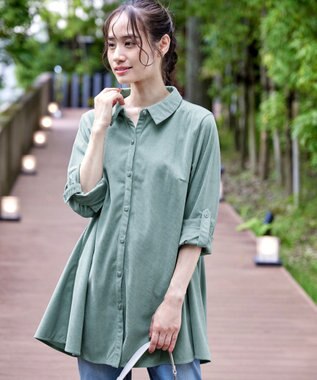 Tiaclasse L 【洗える】コーデュロイシャツチュニックブラウス ミント