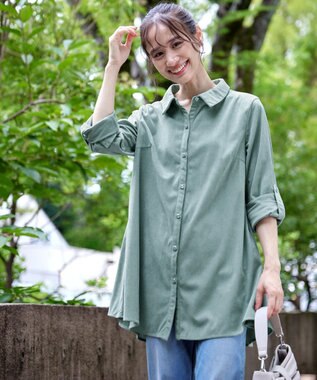 Tiaclasse L 【洗える】コーデュロイシャツチュニックブラウス ミント