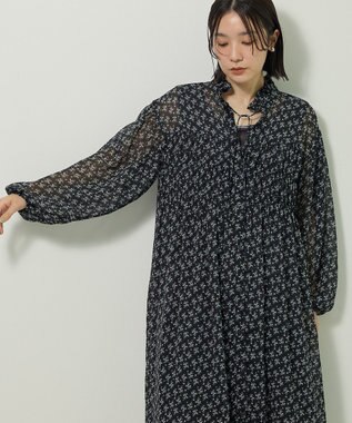 Green Parks 花柄シフォン楊柳ワンピース Black