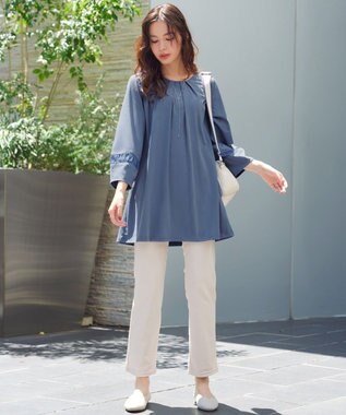 Tiaclasse L ランタンパフ袖カットソー切替チュニック ブルー