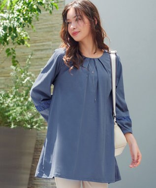 Tiaclasse L ランタンパフ袖カットソー切替チュニック ブルー