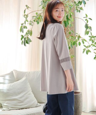 Tiaclasse L ランタンパフ袖カットソー切替チュニック グレージュ