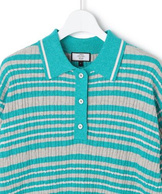 J.PRESS YORK STREET 【WOMEN】コットンボーダー ニットポロシャツ ライトグリーン系1