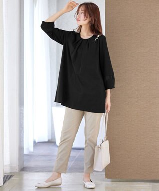 Tiaclasse L ランタンパフ袖カットソー切替チュニック ブラック