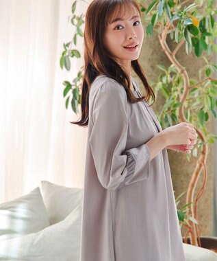 Tiaclasse L ランタンパフ袖カットソー切替チュニック グレージュ