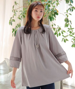 Tiaclasse L ランタンパフ袖カットソー切替チュニック グレージュ
