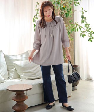 Tiaclasse L ランタンパフ袖カットソー切替チュニック グレージュ