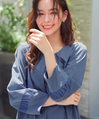 Tiaclasse L ランタンパフ袖カットソー切替チュニック ブルー