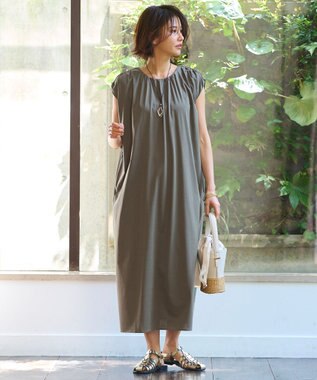 自由区 L 【洗える】ライトギャザーフレンチスリーブ ワンピース カーキ系