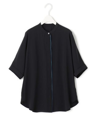 ICB 【接触冷感・UVケア・速乾】BackSatinAmunzen 5分袖バンドカラーブラウス ブラック系