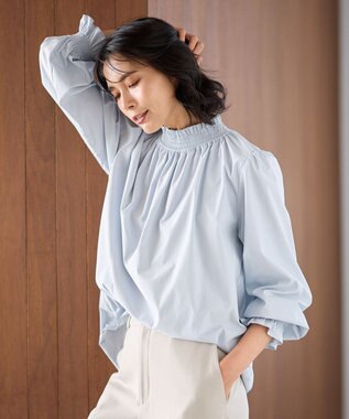 ANY フリルネックブラウス サックス