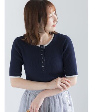 Te chichi 【UVカット】ヘンリーネック5分袖配色リブニット