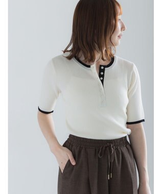 Te chichi 【UVカット】ヘンリーネック5分袖配色リブニット