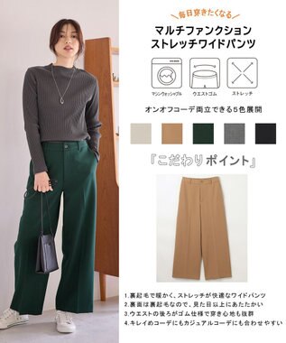 ANY L 【洗濯機可/ストレッチ/ウエストゴム/裏起毛】マルチファンクションストレッチワイドパンツ グリーン