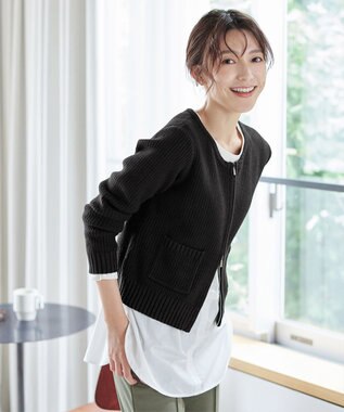 Tiaclasse L 【洗える】ダブルジップリブ編みカーディガン ブラック