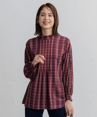 ANY 【洗える】ピンタックチェックブラウス レッド系5