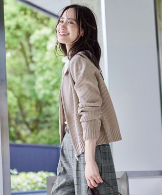 Tiaclasse L 【洗える】ダブルジップリブ編みカーディガン グレージュ