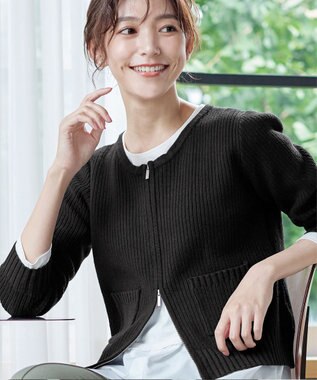 Tiaclasse L 【洗える】ダブルジップリブ編みカーディガン ブラック