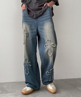 WEGO クロスモチーフオーバーダイバギーパンツ ブルー