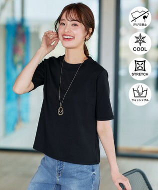 Tiaclasse L 【小倉優子さん着用・洗える・接触冷感・汗ジミ防止】“サマさまカットソー”ハーフスリーブベーシックトップス ブラック