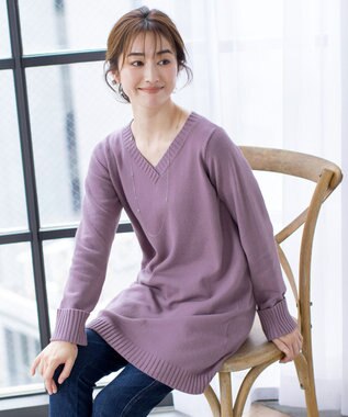 Tiaclasse 【洗える】Vネックリブニットチュニック パープル