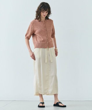BEIGE， 【洗える】VANDA / ラメ入りクルーネック半袖カーディガン Dark Nude