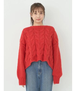 earth music&ecology ローゲージ手編み風ケーブルプルオーバー Red
