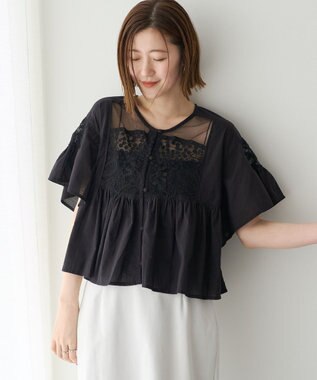 YECCA VECCA 刺繍レースブラウス Black