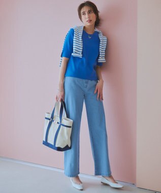 23区 L 【洗える】コンフォートストレッチ 5分袖 ニット ブルー系