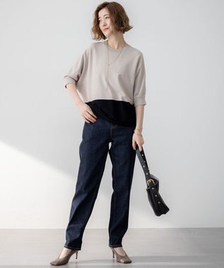 23区 S 【洗える】レーヨンポリエステルストレッチ ドルマン ニット ベージュ×ブラック