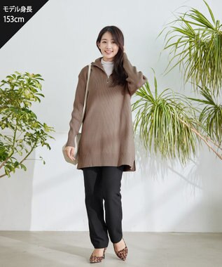 Tiaclasse 【洗える】ハーフジップニットチュニック モカ