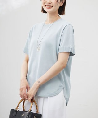 J.PRESS LADIES L 【洗える】COTTON POLYESTER 袖ボタン ニット サックス系