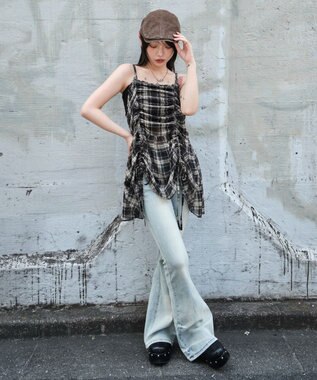 WEGO ドロストデザインキャミワンピース ブラックチェック1