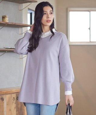 Tiaclasse 【洗える】Vネックラウンドヘムニットチュニック ラベンダー