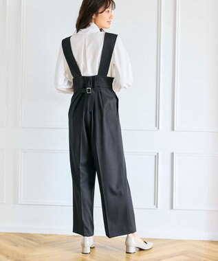 Feroux 【洗える】スカラップデザイン・サスペンダー付きパンツ ブラック系