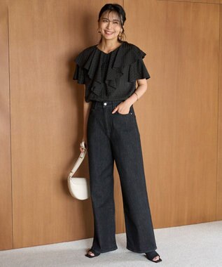 UNFILO ライトシアー ラッフルブラウス モノトーンチェック