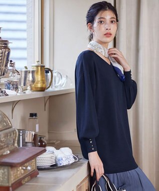 Tiaclasse 【洗える】Vネックラウンドヘムニットチュニック ネイビー