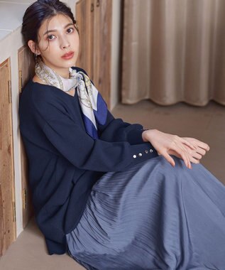 Tiaclasse 【洗える】Vネックラウンドヘムニットチュニック ネイビー