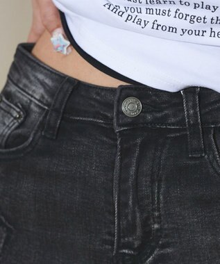 WEGO 【美脚】ダメージフレアデニム ブラック