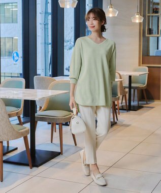 Tiaclasse 【洗える】Vネックラウンドヘムニットチュニック ミント