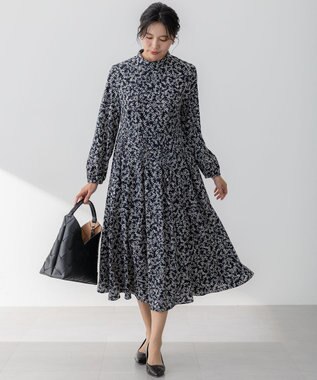 23区 L 【洗える】シャドーリーフプリント ワンピース ネイビープリント