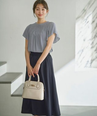 ANY SIS L 【洗える】シャーリングツヤ ブラウス ダルブルー