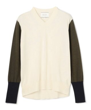 BEIGE， 【洗える】BURNET / カラーミックスVネックトップス Ecru×Khaki×Navy