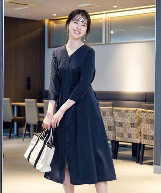 Tiaclasse 【新色追加・洗える】バックリボン前開きワンピース ネイビー