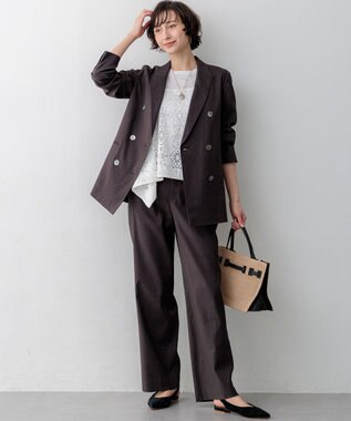 23区 リネンレーヨンストレッチ ワイドパンツ ダークブラウン系