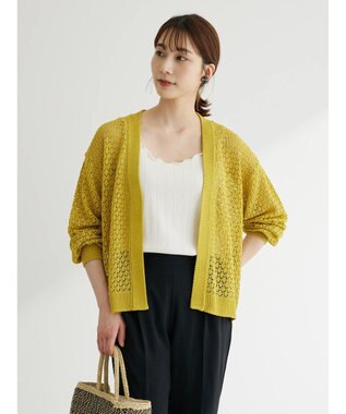 Green Parks 洗えるすかし編みニットカーディガン Yellow
